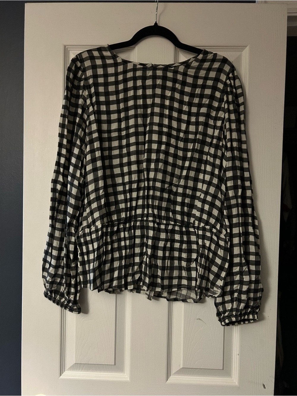 GAP Black and White Gingham Peplum Long-Sleeve Top